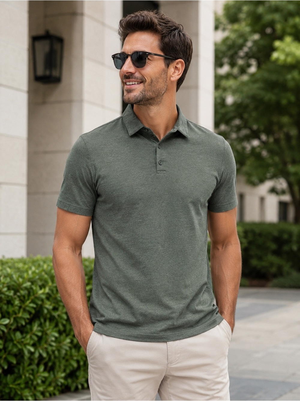 H&M Men’s Large Slim Fit Olive Green Stretch Polo Shirt Cotton Blend
